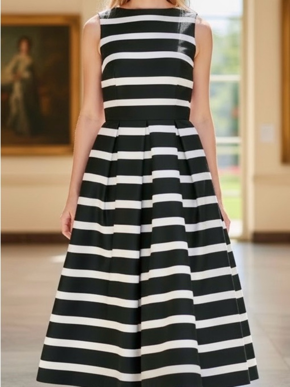 English Factory Classic Black and White Striped Sleeveless Formal Midi Dress